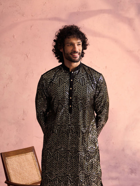 Vastramay Men's Black Georgette Embellished Kurta