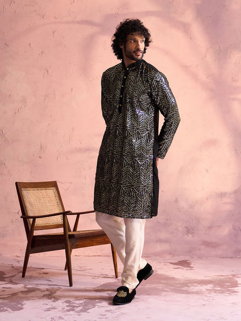 Vastramay Men's Black Georgette Embellished Kurta
