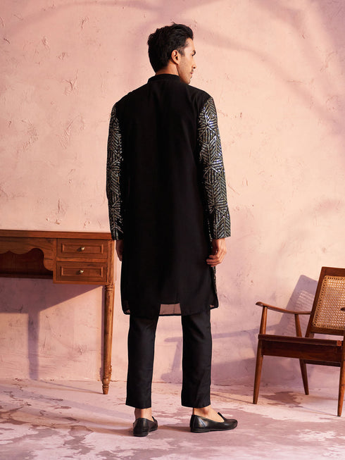 Vastramay Black Georgette Embroidered Kurta Pyjama Baap Beta Set