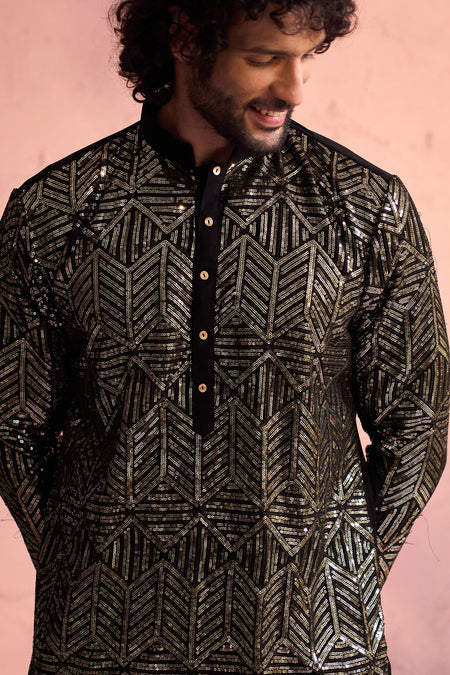 SHRESTHA BY VASTRAMAY Men's Black Georgette Embellished Kurta Pant Set