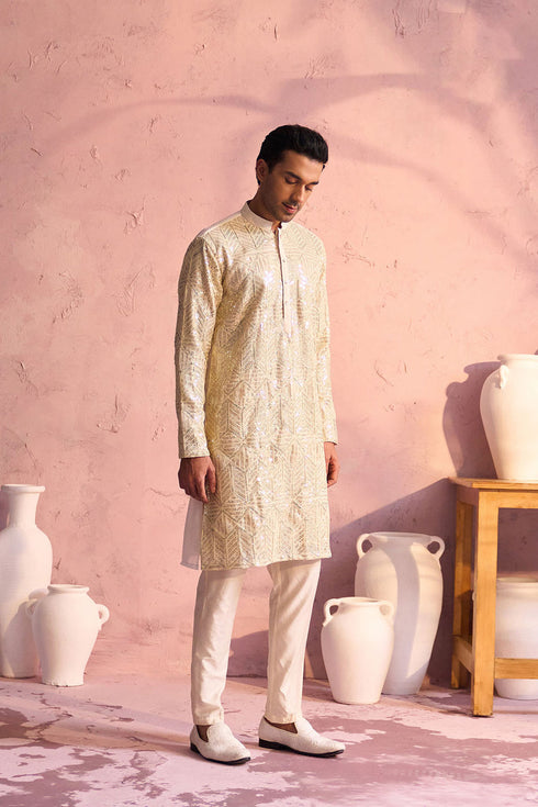 SHRESTHA BY VASTRAMAY Men's Cream Georgette Embellished Kurta Pant Set