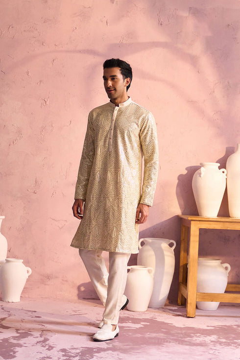 SHRESTHA BY VASTRAMAY Men's Cream Georgette Embellished Kurta Pant Set