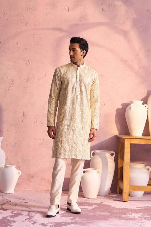 SHRESTHA BY VASTRAMAY Men's Cream Georgette Embellished Kurta Pant Set
