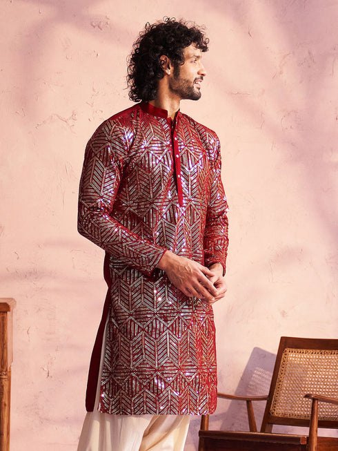 Vastramay Men's Maroon Georgette Embellished Kurta