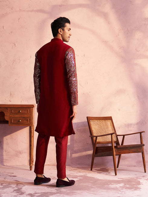 Vastramay Maroon Georgette Embroidered Kurta Pyjama Baap Beta Set