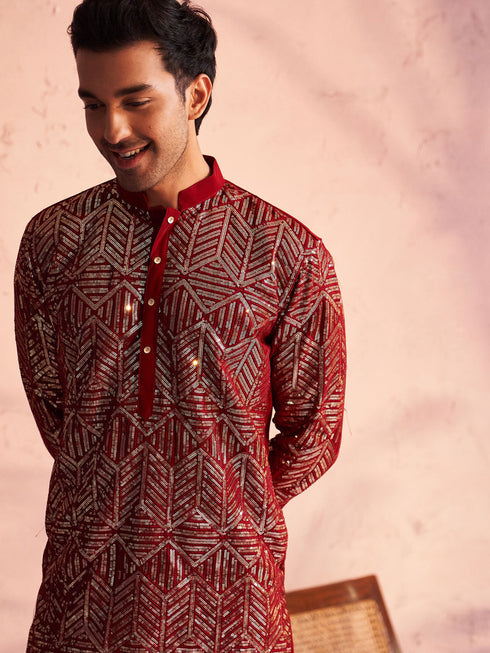 Vastramay Maroon Georgette Embroidered Kurta Pyjama Baap Beta Set
