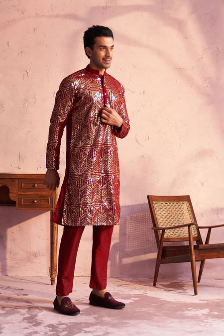 SHRESTHA BY VASTRAMAY Men's Maroon Georgette Embellished Kurta Pant Set