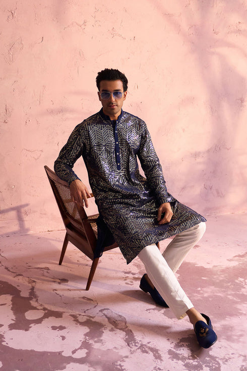 SHRESTHA BY VASTRAMAY Men's Navy Blue Georgette Embellished Kurta Pant Set