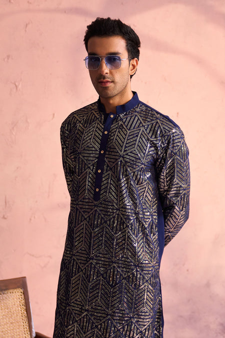SHRESTHA BY VASTRAMAY Men's Navy Blue Georgette Embellished Kurta Pant Set