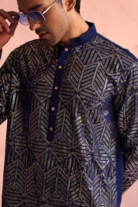 SHRESTHA BY VASTRAMAY Men's Navy Blue Georgette Embellished Kurta Pant Set