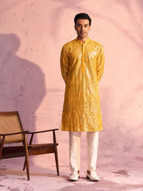 SHRESTHA BY VASTRAMAY Men's Yellow Georgette Embellished Kurta Pant Set