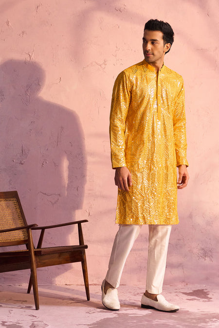 SHRESTHA BY VASTRAMAY Men's Yellow Georgette Embellished Kurta Pant Set