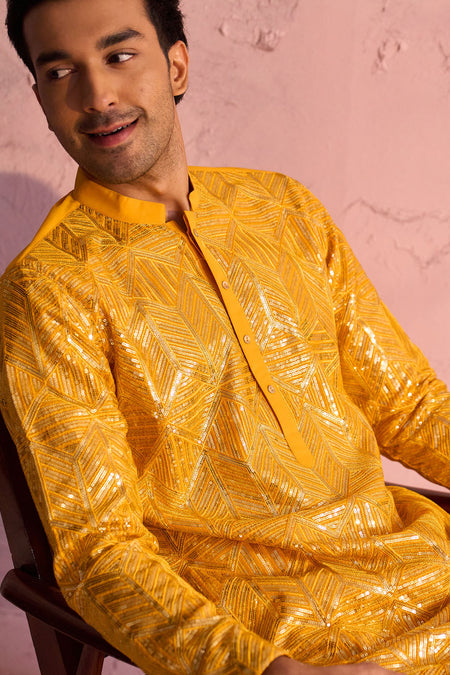 SHRESTHA BY VASTRAMAY Men's Yellow Georgette Embellished Kurta Pant Set