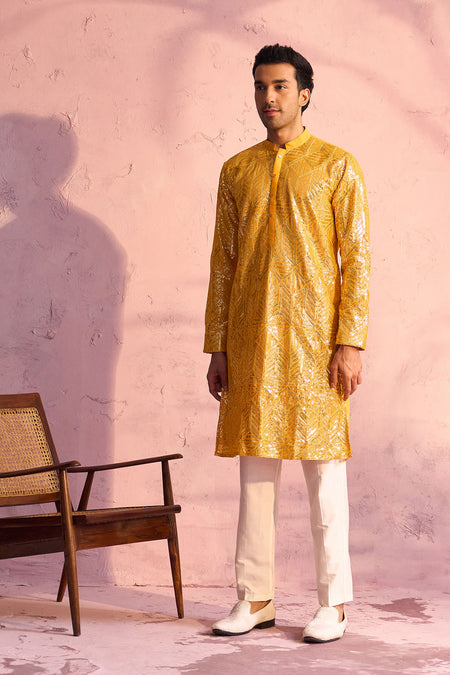 SHRESTHA BY VASTRAMAY Men's Yellow Georgette Embellished Kurta Pant Set
