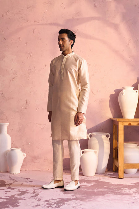 SHRESTHA By VASTRAMAY Men's Beige Silk Blend Kurta pant Set