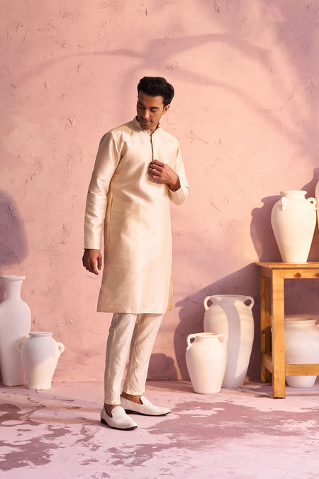 SHRESTHA By VASTRAMAY Men's Beige Silk Blend Kurta pant Set