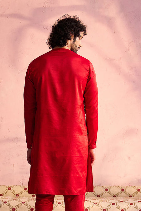 SHRESTHA By VASTRAMAY Men's Red Silk Blend Embroidered Kurta