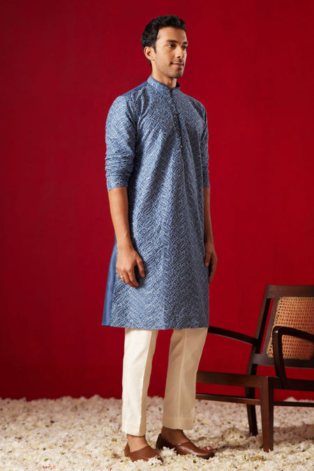 SHRESTHA BY VASTRAMAY Men's Grey Cotton Schiflli Kurta Pant Set