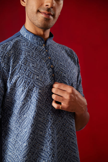 SHRESTHA BY VASTRAMAY Men's Grey Cotton Schiflli Kurta Pant Set