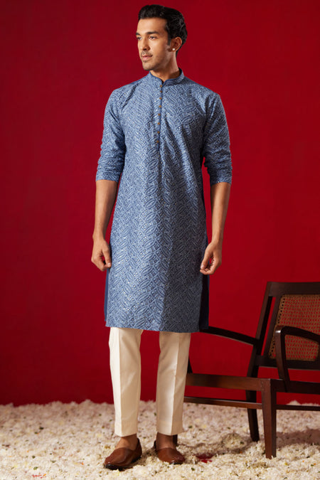 SHRESTHA BY VASTRAMAY Men's Grey Cotton Schiflli Kurta Pant Set