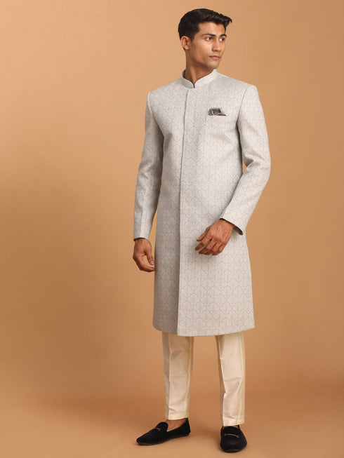 Vastramay Men's Grey Jaccard Sherwani With Cream Pant Set