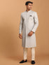Vastramay Men's Grey Jaccard Sherwani With Cream Pant Set