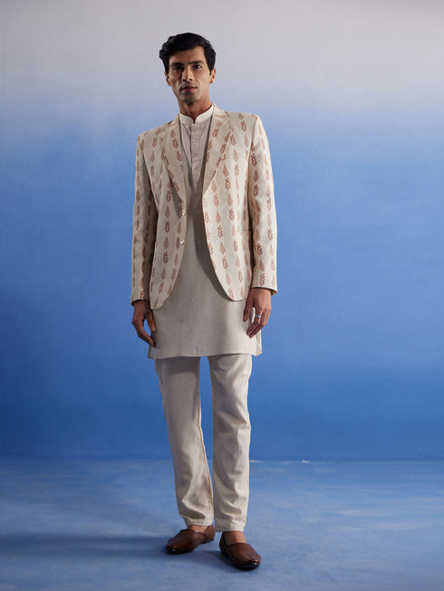 Vastramay Men's Cream Leaf Printed Blazer With Kurta Pyjama Set