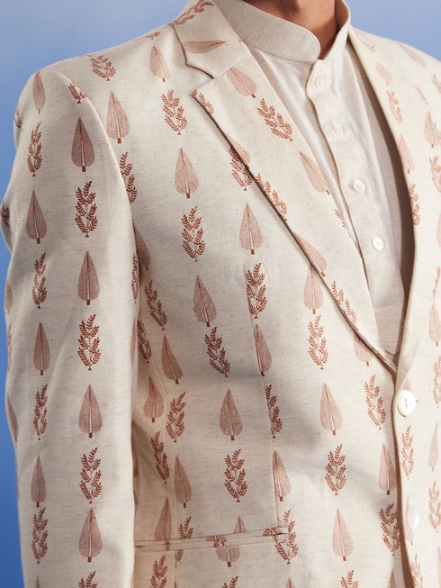 Vastramay Men's Cream Leaf Printed Blazer With Kurta Pyjama Set