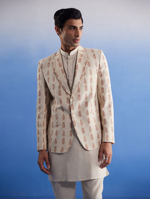 Vastramay Men's Cream Leaf Printed Blazer With Kurta Pyjama Set