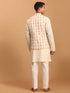 Vastramay Men's Cream Leaf Printed Pure Cotton Nehru Jacket With Short Kurta And Pant Set