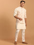 Vastramay Men's Cream Leaf Printed Pure Cotton Nehru Jacket With Short Kurta And Pant Set