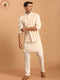 Vastramay Men's Cream Leaf Printed Pure Cotton Nehru Jacket With Short Kurta And Pant Set