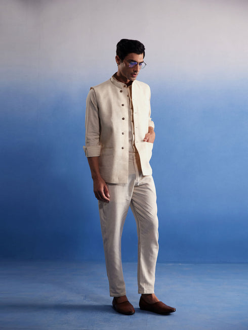 Vastramay Men's Cream Pure Cotton Nehru Jacket