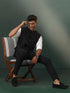 Vastramay Men's Black Jacquard Cotton Nehru Jacket