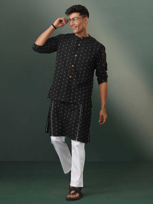 Vastramay Men's Black Jacquard Cotton Jacket Kurta Pyjama Set