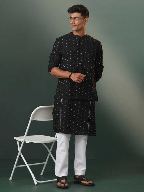 Vastramay Mens Black Jacquard Cotton Jacket Kurta Pyjama Set
