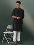 Vastramay Mens Black Jacquard Cotton Jacket Kurta Pyjama Set