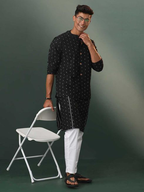 Vastramay Mens Black Jacquard Cotton Jacket Kurta Pyjama Set
