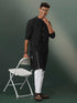 Vastramay Mens Black Jacquard Cotton Jacket Kurta Pyjama Set