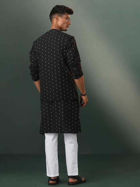 Vastramay Mens Black Jacquard Cotton Jacket Kurta Pyjama Set