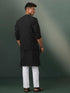 Vastramay Mens Black Jacquard Cotton Jacket Kurta Pyjama Set