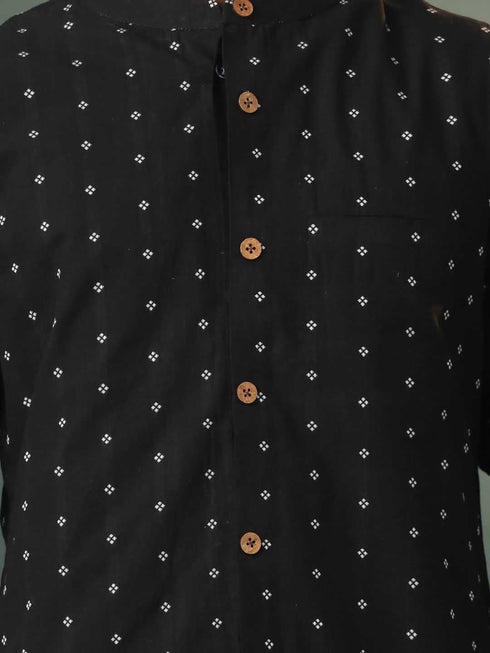 Vastramay Mens Black Jacquard Cotton Jacket Kurta Pyjama Set