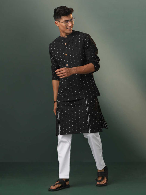 Vastramay Mens Black Jacquard Cotton Jacket Kurta Pyjama Set