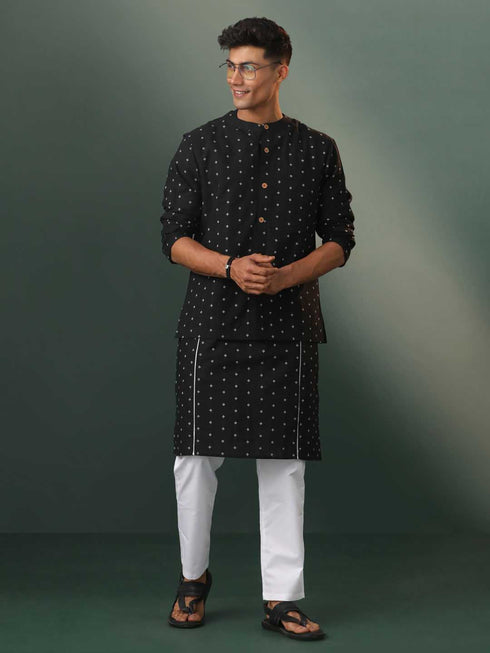 Vastramay Mens Black Jacquard Cotton Jacket Kurta Pyjama Set
