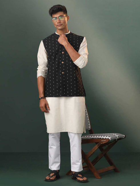 Vastramay Men's Black Jacquard Cotton Jacket Kurta Pyjama Set
