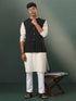 Vastramay Men's Black Jacquard Cotton Jacket Kurta Pyjama Set