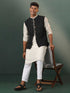 Vastramay Mens Black Jacquard Cotton Jacket Kurta Pyjama Set