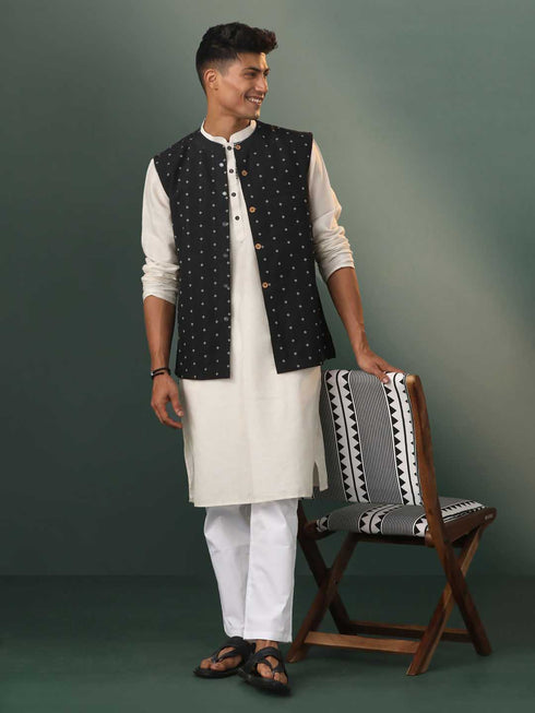 Vastramay Mens Black Jacquard Cotton Jacket Kurta Pyjama Set