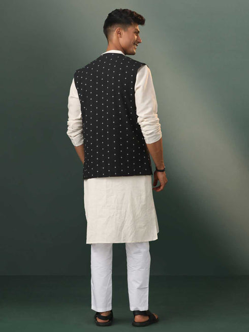 Vastramay Mens Black Jacquard Cotton Jacket Kurta Pyjama Set