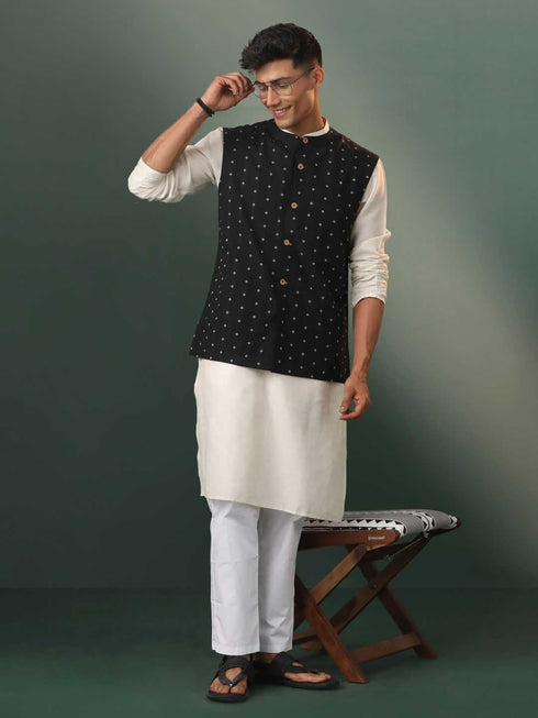 Vastramay Mens Black Jacquard Cotton Jacket Kurta Pyjama Set